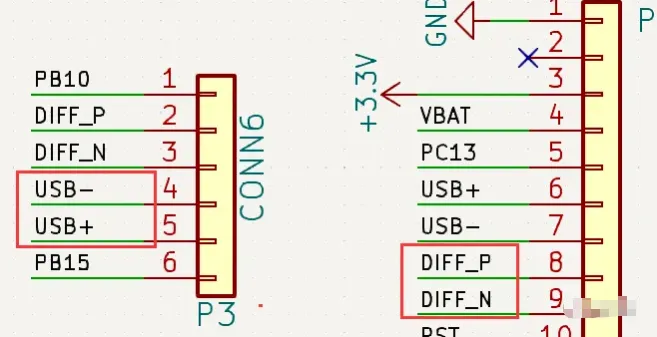 Two differential pairs named in the KiCad schematic