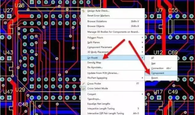 PCB editor menu for unroute component function
