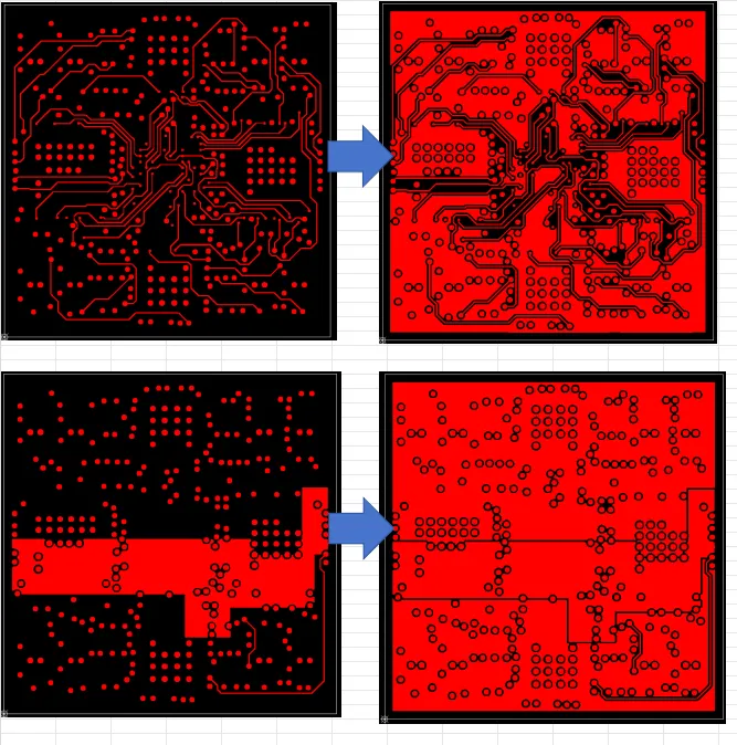 add copper pours on L3 and L6 layers by clearing 5mil from the original graphics on each side to increase the copper residual ratio and prevent resin starvation and board blistering during lamination