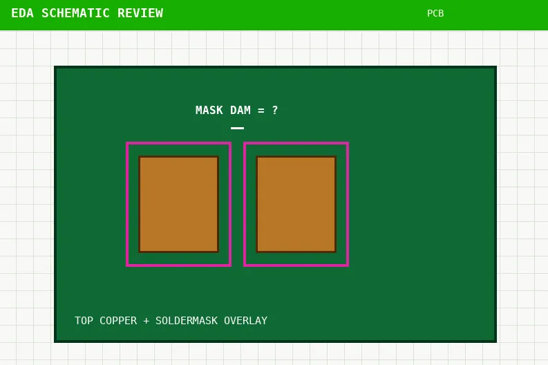 CAM view measuring copper clearance, mask openings, and net solder dam