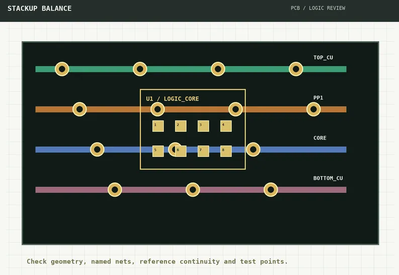 Layout review of paired-layer copper distribution, vias, and reference planes
