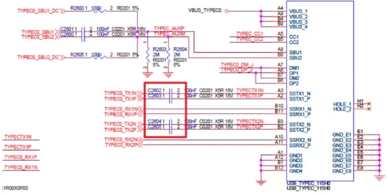 Placement of TX AC-coupling capacitors for Type-C SuperSpeed pairs
