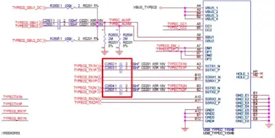 Placement of TX AC-coupling capacitors for Type-C SuperSpeed pairs