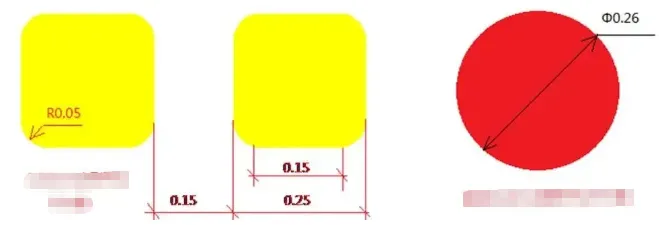 Aperture geometry drawing of 0.25 mm rounded-square vs 0.26 mm round at 0.4 mm pitch
