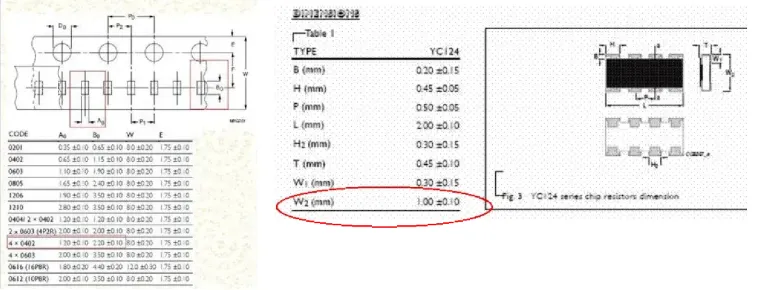 Resistor array body width and carrier tape pocket width specifications