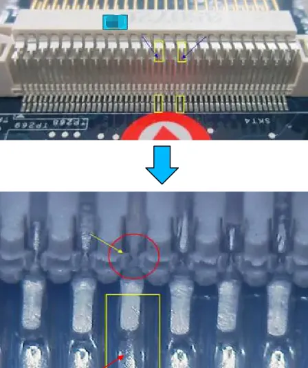 Defect images showing solder opens concentrated on the middle pins of an SMT CF Card connector
