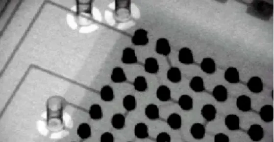 45-degree oblique X-ray of a BGA indicating insufficient heating in one corner