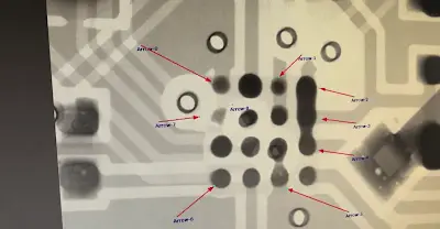 Automated x-ray inspection revealing internal solder ball structure on PCB