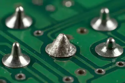 Close up of a cold solder joint on a PCB