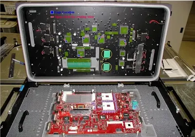 ICT fixture concept: push-down block over the BGA and support pins placed around the device