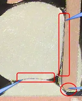 Microsection of a failing unit showing pin-to-PCB contact and ball-to-pin separation