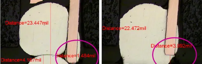 Metrology result showing pin-to-pad distances for NG and OK joints