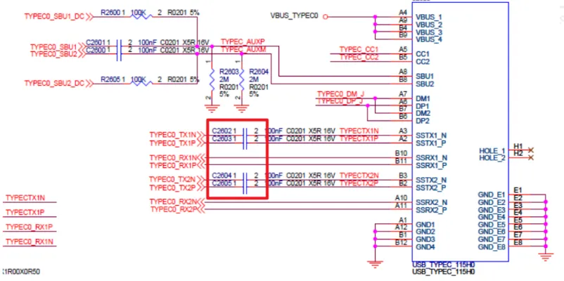 TX coupling capacitors placed near the Type-C connector