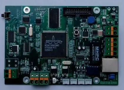 PCB outer layer with a copper pour around components and traces