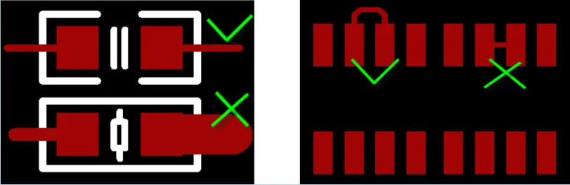 Symmetric exits on small parts and traces entering SMT pads from outside