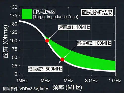 PDN impedance curve with resonance and anti-resonance peaks