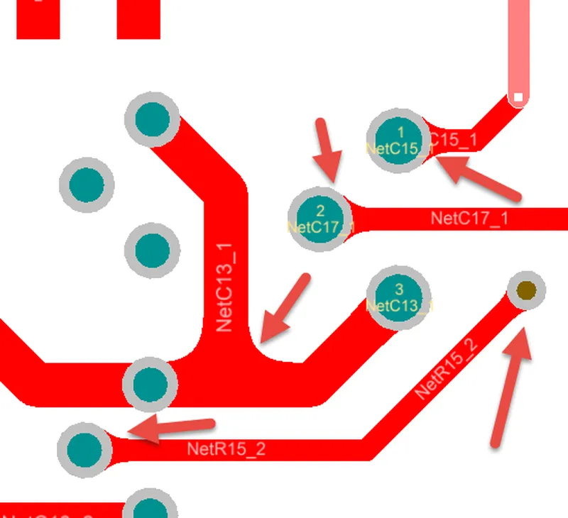 Teardrop widening the neck between a trace and a via pad
