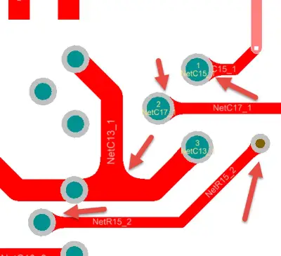 Teardrop widening the neck between a trace and a via pad
