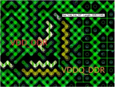 Hash-shaped routing between VCC_DDR and VDDQ_DDR power pins