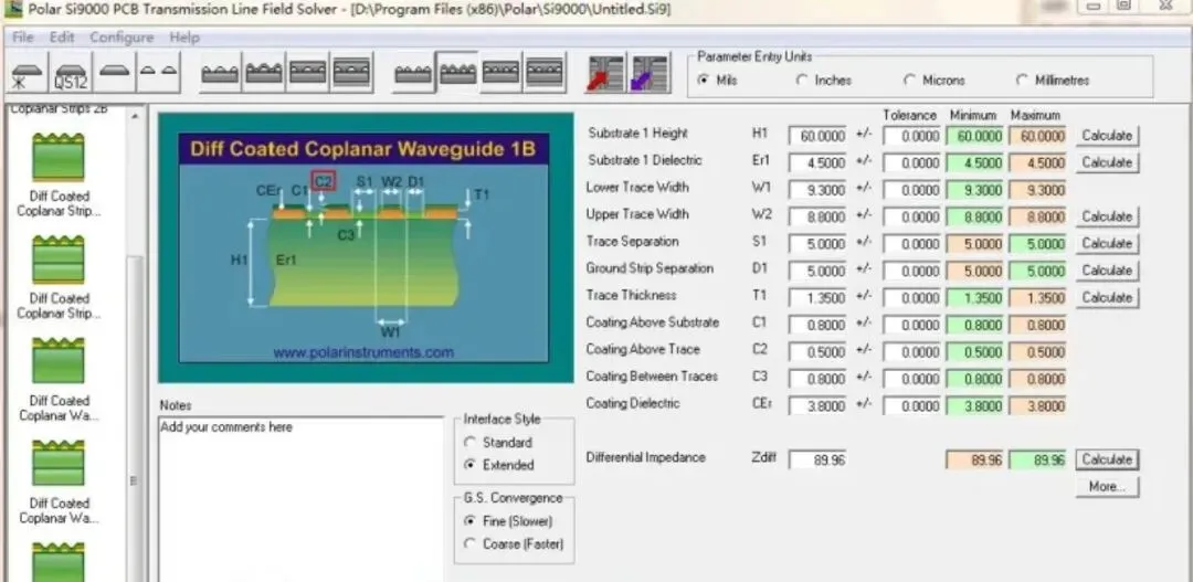 SI9000 calculation for 90 ohm differential coplanar impedance
