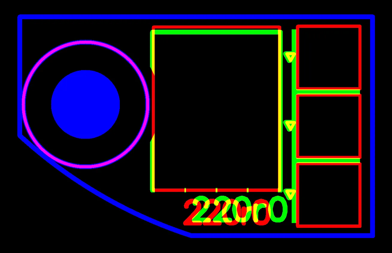 To avoid silkscreen printing on pads, the characters and character outlines located on pads have been enlarged and shifted.