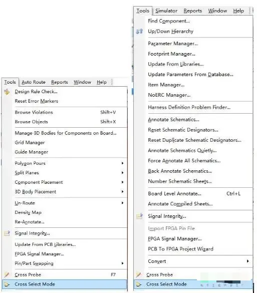 Enabling Cross Select Mode in the schematic