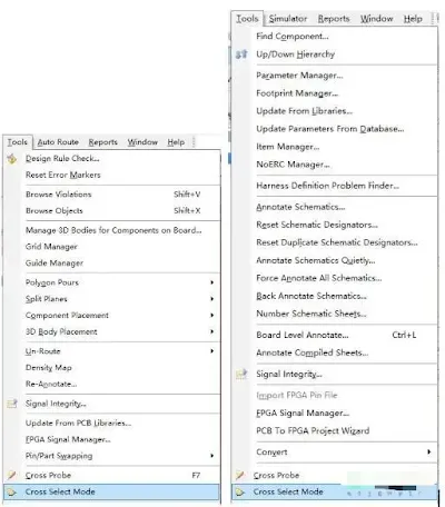Enabling Cross Select Mode in the schematic