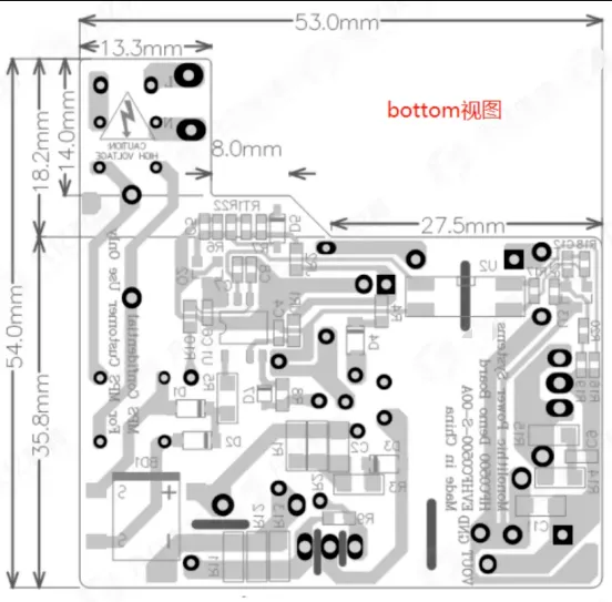AC-DC PCB bottom view showing power loops