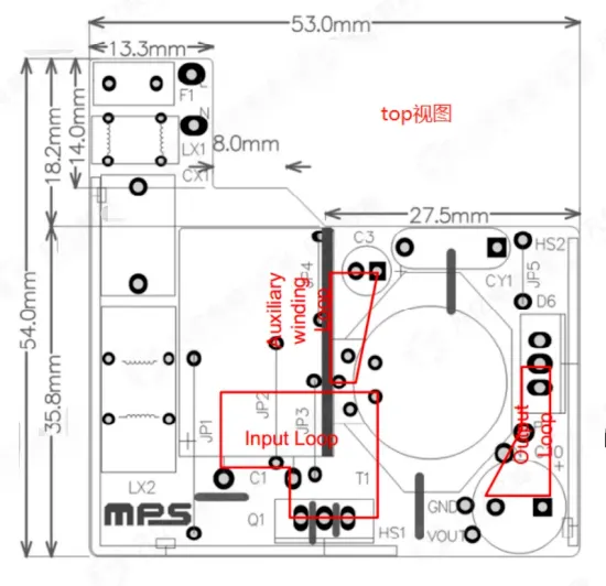 AC-DC PCB top view showing power loops