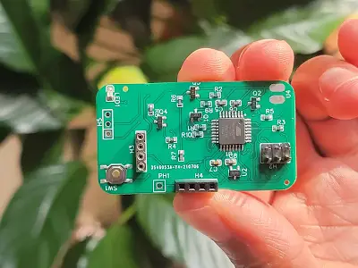 Hobbyist-built soil sensor using recyclable PCB for hobbyists, demonstrating sustainable DIY electronics