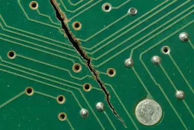 Close up of cracks in a multilayer PCB due to thermal stress