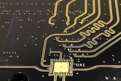 Close-up view of controlled impedance traces on a HDI PCB signal integrity design