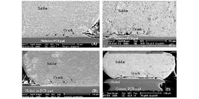 Scanning electron microscope view of PCBA solder joint fatigue crack