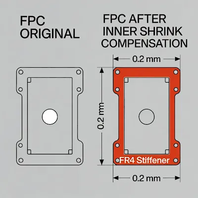 Side-by-side CAD comparison showing original FPC hole and outline versus FR4 stiffener data after inner shrink compensation (0.2 mm offset highlighted in red).