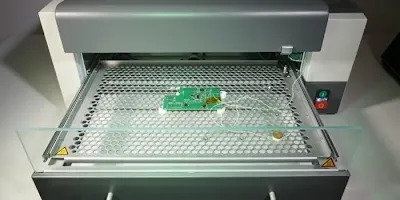 Multilayer panels sandwiched between aluminum plates inside oven for stress relief baking