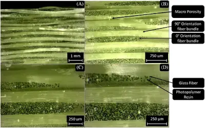 Microscopic view of woven glass and ceramic fillers in PTFE laminate