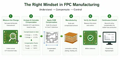 Artwork compensation for FPC dimensional stability and registration