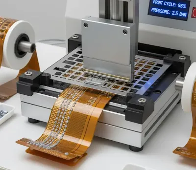 Close-up of stencil printer applying solder paste to a flexible PCB with alignment fiducials visible