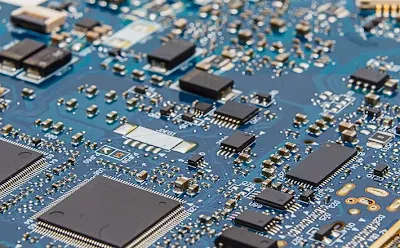 Top view of a PCB with SMT, THT, and BGA components