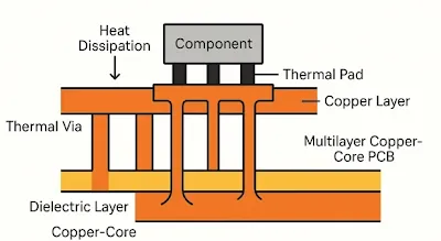 Close up of thermal pads linking a component to a copper ground plane for heat dissipation