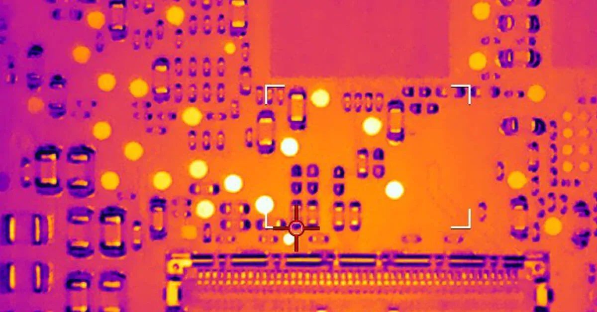 Thermal imaging of a PCB showing hot spots near components