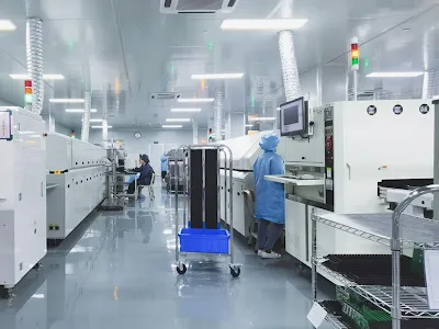 Schematic of automated 6-layer PCB assembly process from stencil printing to final AOI