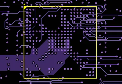 CAM screenshot of an HDI BGA array with overlaid expansion rules