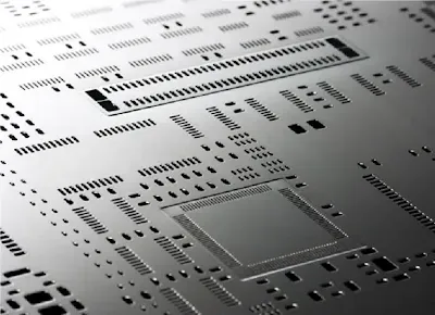 Close-up of a step-down stencil showing varying thicknesses