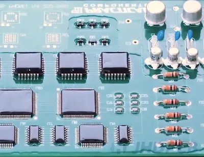Close-up of a PCB coated with acrylic conformal coating for moisture protection