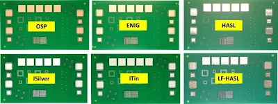 Side-by-side view of HASL, ENIG, immersion silver, and OSP on FR-4 PCBs