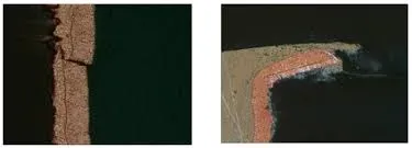 Barrel crack and corner void caused by excessive CTEz in poorly processed high-Tg material
