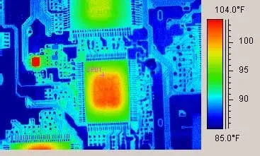 Thermal camera showing heat distribution on a PCB