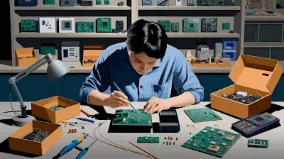 A hobbyist workstation with multiple circuit boards ready for assembly