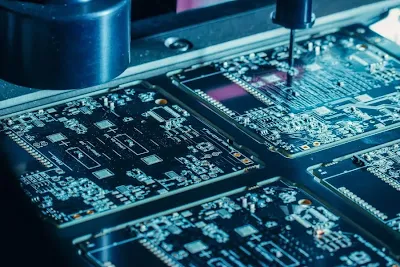 Automated PCB drilling machine processing multiple panels of a specialized Rogers PCB material